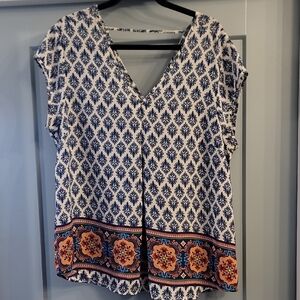 DR2 Navy and White Floral Blouse with Orange Accents